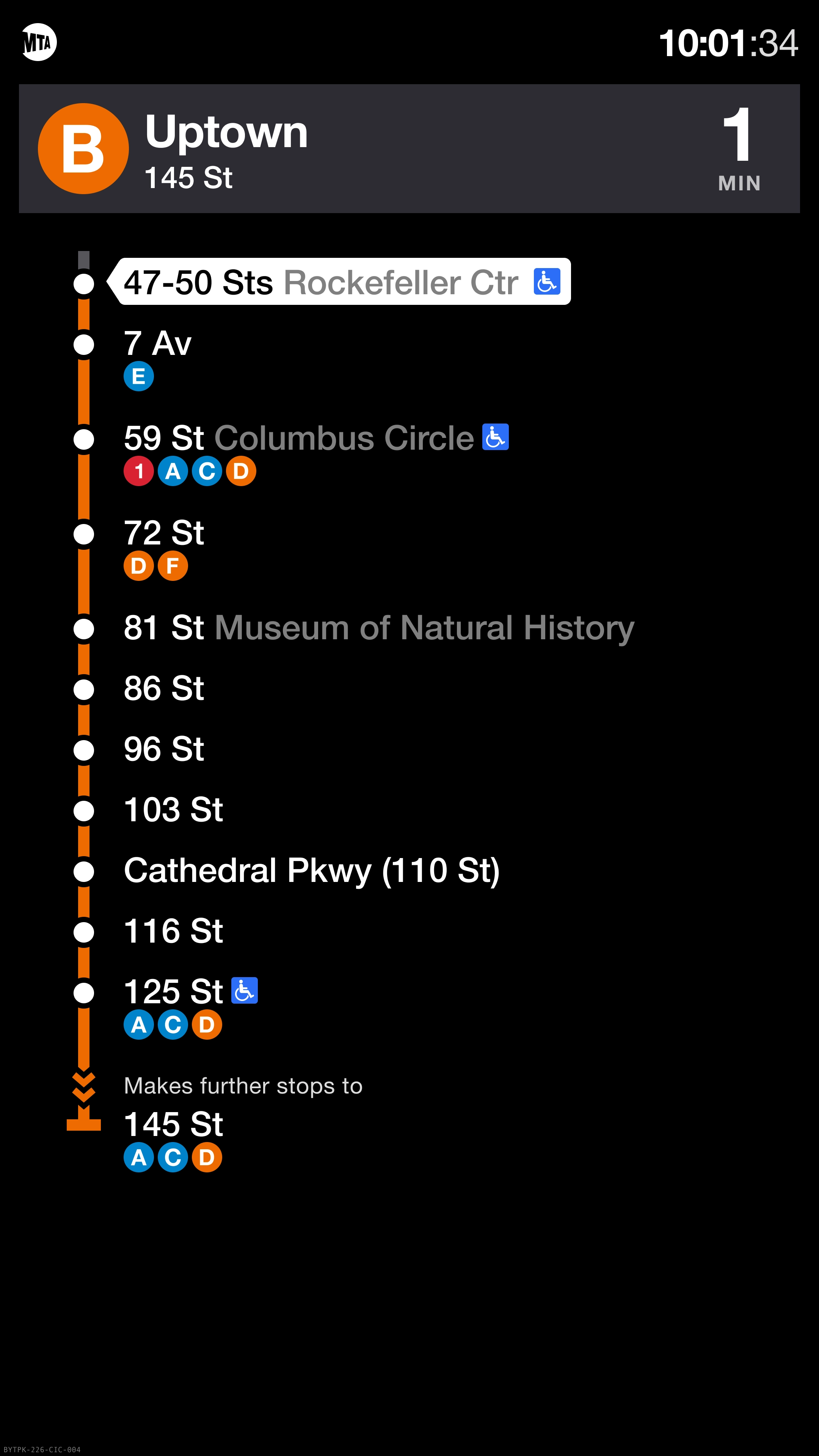 A vertical screen showing a route map of the next train to arrive.