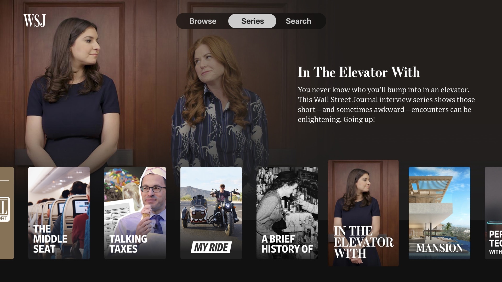 The Wall Street Journal Apple TV series screen showing video series titles, poster art, and a short description.