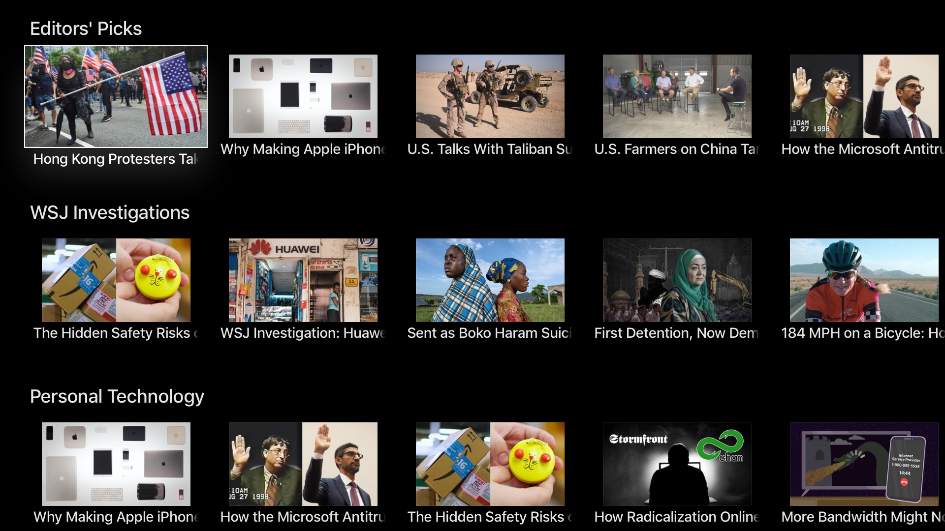The Wall Street Journal Apple TV home screen before the update - a boring uniform grid of video thumbnails.